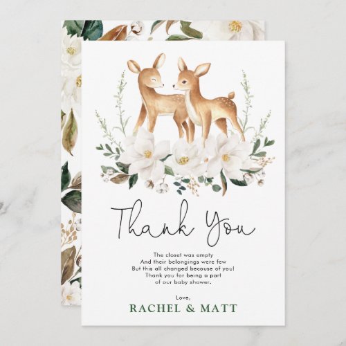 Neutral Deer Twins Ivory Floral Greenery Baby Fawn Thank You Card