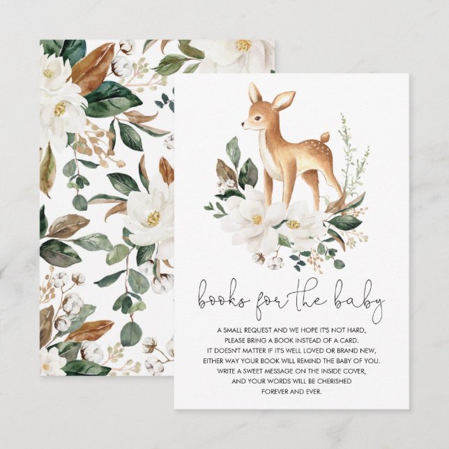 Neutral Deer White Floral Greenery Books for Baby Enclosure Card (Front/Back)