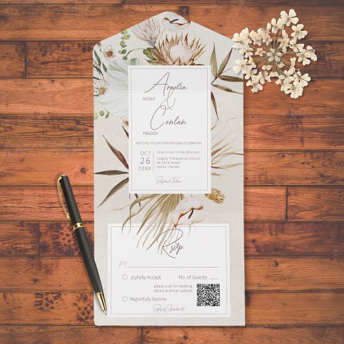 Neutral Dried Boho Floral Frame Cream QR Code All In One Invitation