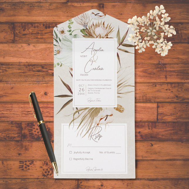 Neutral Dried Boho Floral Frame Cream Wedding All In One Invitation (Creator Uploaded)
