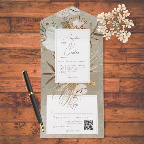 Neutral Dried Boho Floral Frame Sage QR Code All In One Invitation