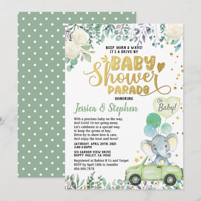 Neutral Drive By Baby Shower Parade Green Elephant Invitation (Front/Back)