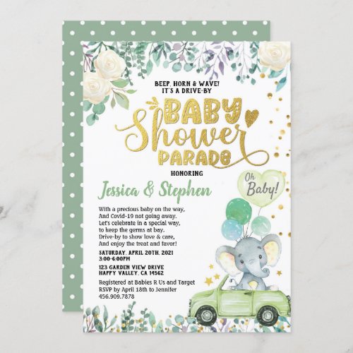 Neutral Drive By Baby Shower Parade Green Elephant Invitation