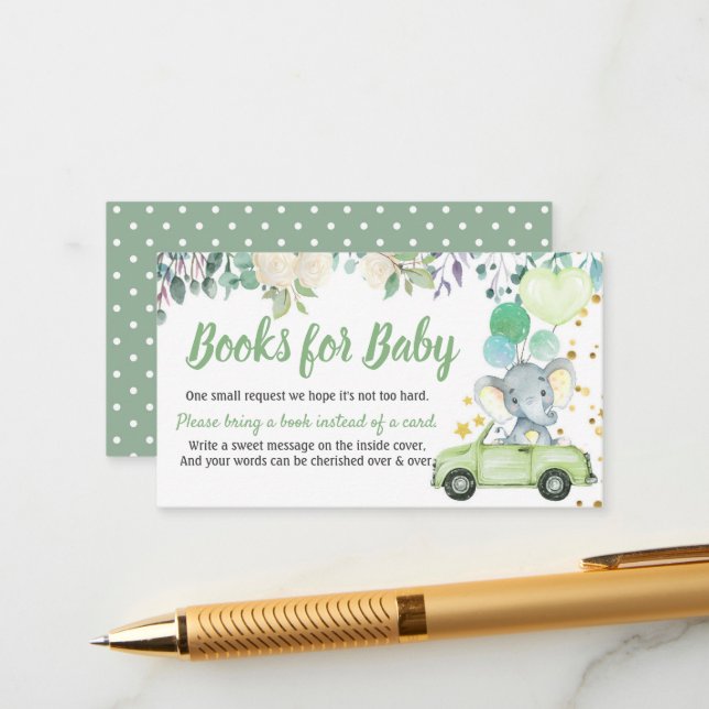 Neutral Drive Through Boy Baby Shower Book Request Enclosure Card (Front/Back In Situ)