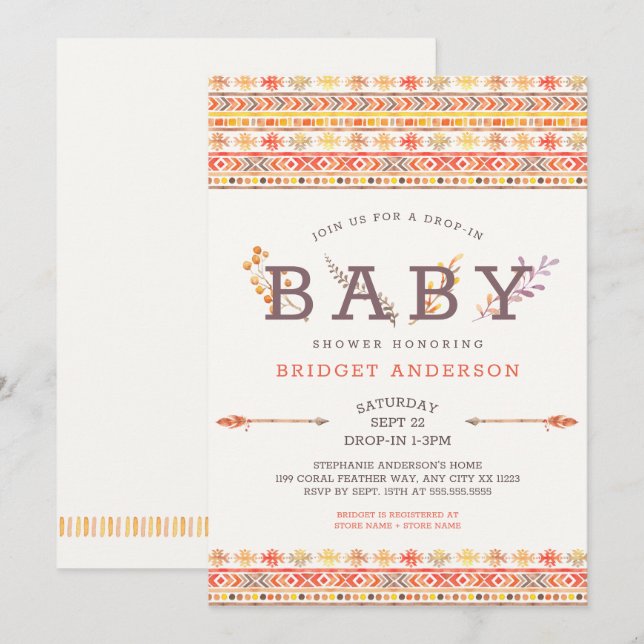 Neutral Drop-in Boho Tribal Baby Shower Invitation (Front/Back)