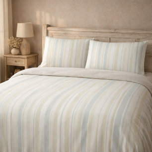 Neutral Dusty Blue Striped Rustic Farmhouse Duvet Cover