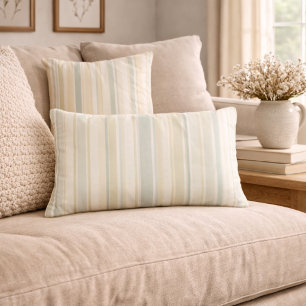 Neutral Dusty Blue Striped   Rustic Farmhouse Lumbar Pillow
