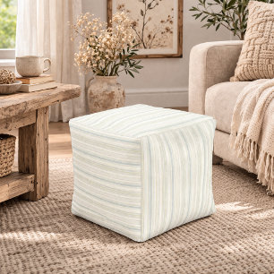 Neutral Dusty Blue Striped   Rustic Farmhouse Pouf