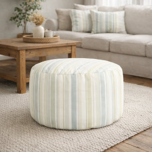 Neutral Dusty Blue Striped   Rustic Farmhouse Pouf