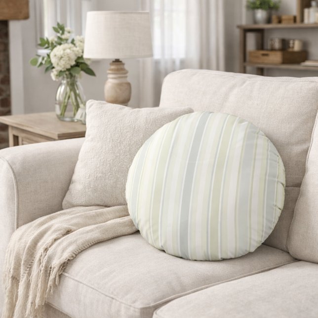 Neutral Dusty Blue Striped | Rustic Farmhouse Round Pillow (Creator Uploaded)