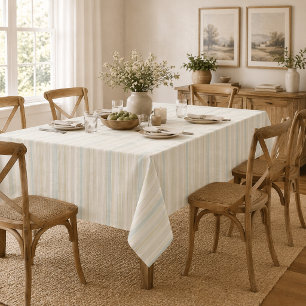 Neutral Dusty Blue Striped Rustic Farmhouse Tablecloth
