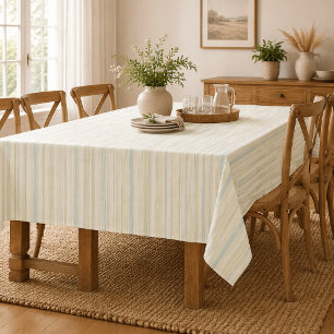 Neutral Dusty Blue Striped Rustic Farmhouse Tablecloth