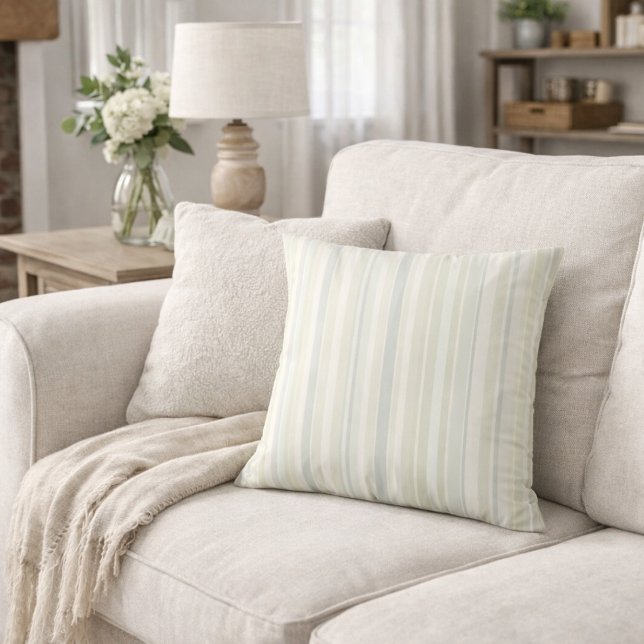 Neutral Dusty Blue Striped Rustic Farmhouse Throw Pillow (Creator Uploaded)