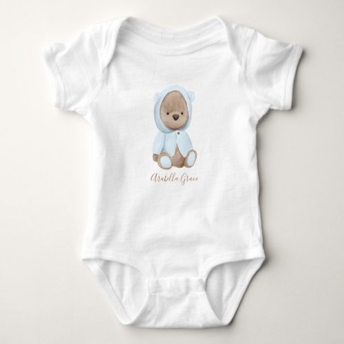 Neutral Dusty Blue Teddy Bear Personalized Name Baby Bodysuit