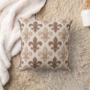 Neutral Earth Royal Fleur-de-lis Style Throw Pillow