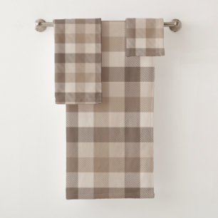 Neutral Earth Tan Checkered Gingham Plaid Bath Towel Set
