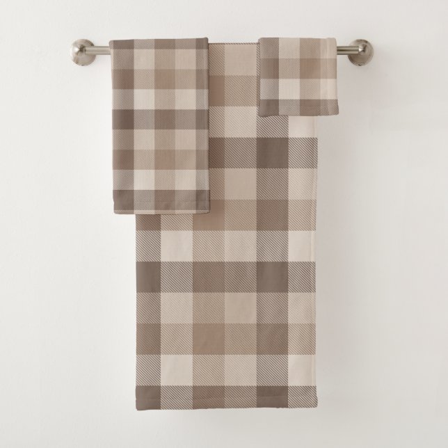 Neutral Earth Tan Checkered Gingham Plaid  Bath Towel Set (Insitu)