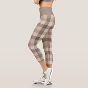 Neutral Earth Tan Checkered Gingham Plaid  Capri Leggings