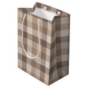 Neutral Earth Tan Checkered Gingham Plaid Medium Gift Bag