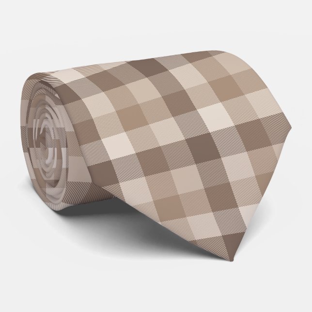 Neutral Earth Tan Checkered Gingham Plaid  Neck Tie (Rolled)