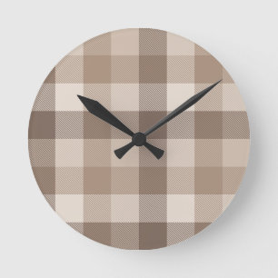 Neutral Earth Tan Checkered Gingham Plaid Round Clock