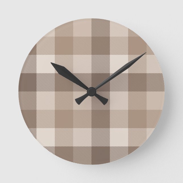 Neutral Earth Tan Checkered Gingham Plaid  Round Clock (Front)