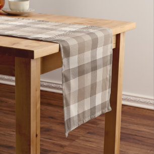 Neutral Earth Tan Checkered Gingham Plaid Short Table Runner
