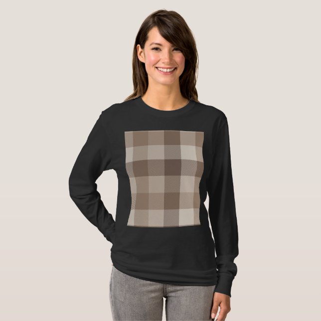 Neutral Earth Tan Checkered Gingham Plaid  T-Shirt (Front Full)