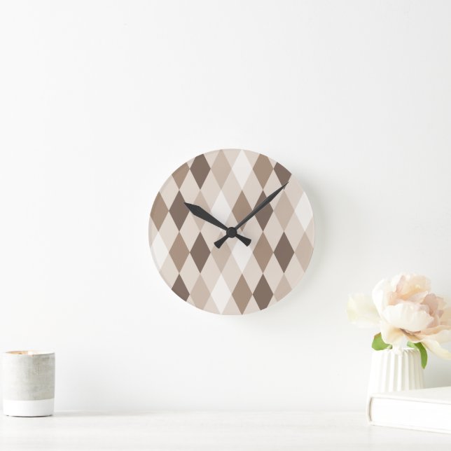 Neutral Earth Tan Harlequin Diamond  Round Clock (Home)