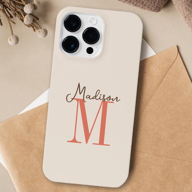 Neutral Earth Tones with Name and Monogram Initial iPhone Case (A classy modern case to personalize with your monogram initial and name.)