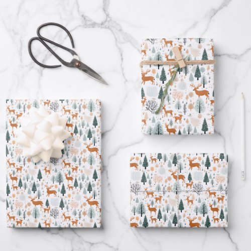 Neutral earthy colors woodland winter animals deer wrapping paper sheets