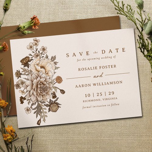 Neutral Earthy Cream  Brown  Vintage Floral Save The Date
