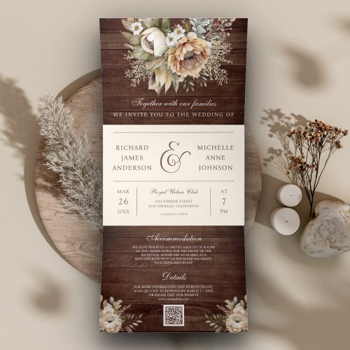 Neutral Earthy Floral Cream Wood QR Code Wedding Tri_Fold Invitation