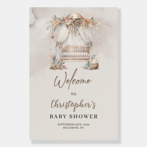 Neutral earthy nursery crib Baby Shower Welcome Foam Board
