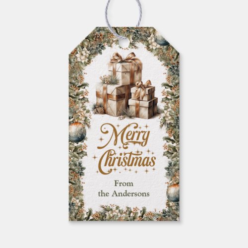 Neutral earthy tones green and gold presents gift tags