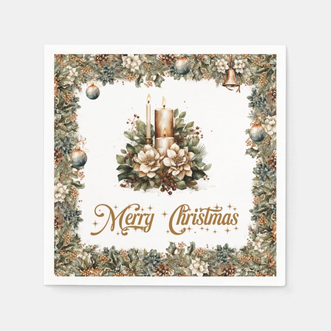 Neutral earthy tones green Christmas gold candle Napkins (Front)