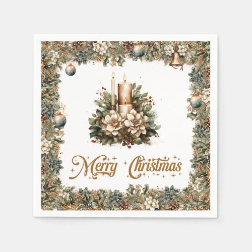 Neutral earthy tones green Christmas gold candle Napkins
