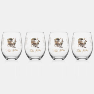 Neutral earthy tones green Christmas Reindeer Stemless Wine Glass