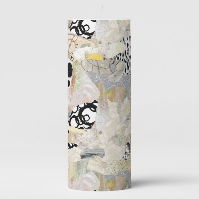 Neutral Elegant Abstract Collage Design Pillar Candle (Front)