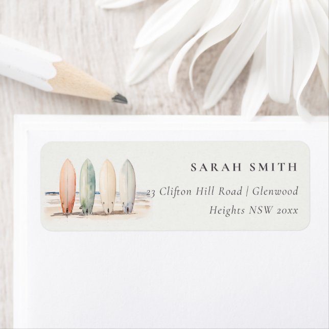 Neutral Elegant Board Surfboard Beach Address Label (Insitu)