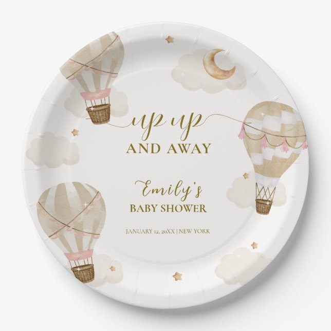 Neutral Elegant Boho Hot Air Balloon Baby Shower  Paper Plates (Front)