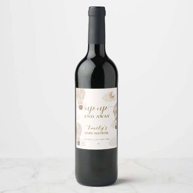 Neutral Elegant Boho Hot Air Balloon Baby Shower  Wine Label (Front)
