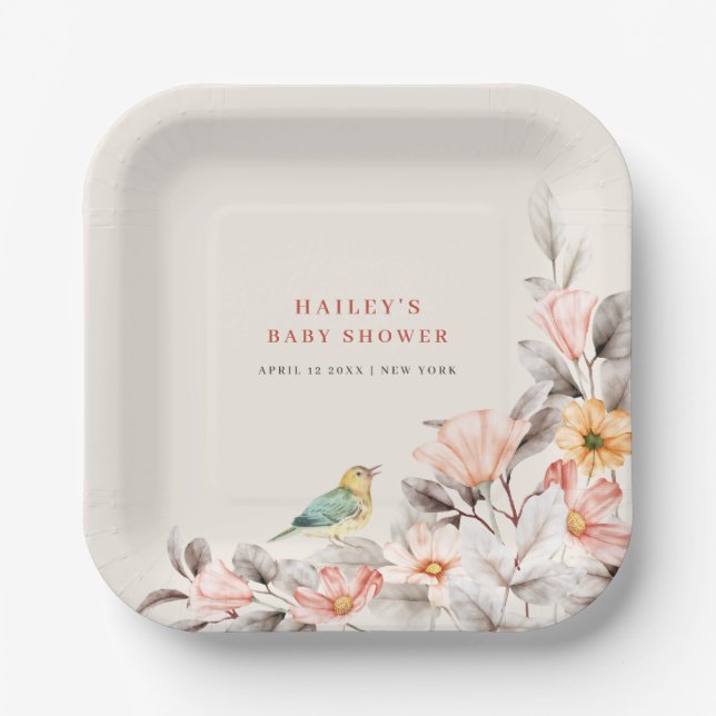 Neutral Elegant Boho Wildflower Baby Shower  Paper Plates (Front)