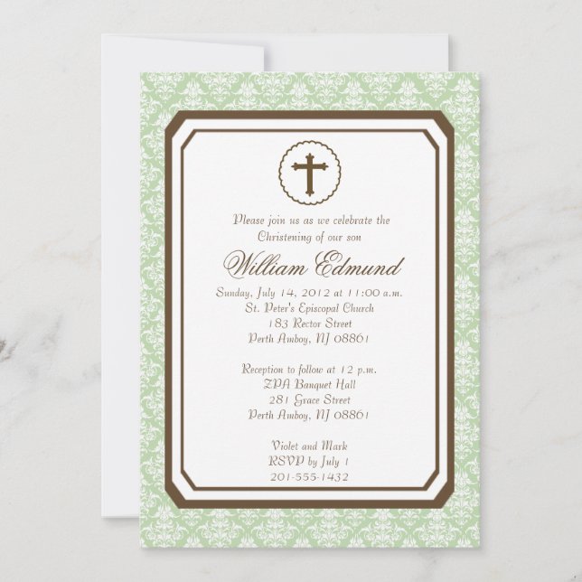 Neutral Elegant Christening Invitation - Green (Front)