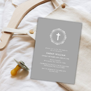 Neutral Elegant Classic Cross Wreath Baptism Invitation