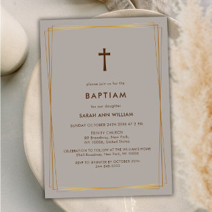 Neutral Elegant Gold Typography Cross Baptism Invitation