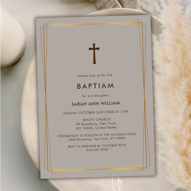 Neutral Elegant Gold Typography Cross Baptism Invitation (Neutral Elegant Gold Typography Cross Baptism Invitation)