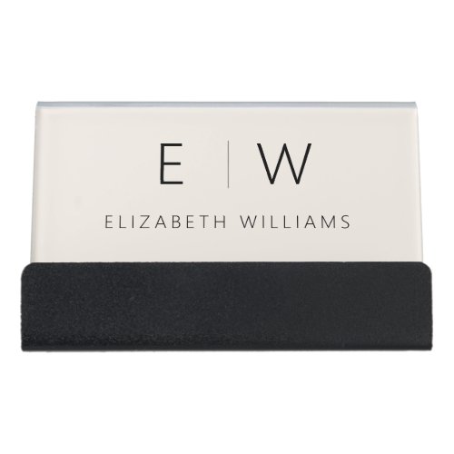 Neutral Elegant Modern Minimalist Monogram Name Desk Business Card Holder