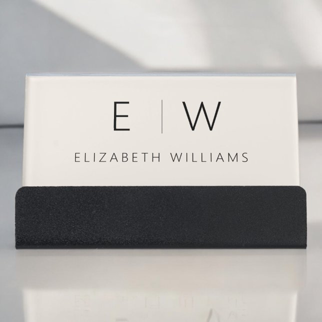 Neutral Elegant Modern Minimalist Monogram Name Desk Business Card Holder (Creator Uploaded)