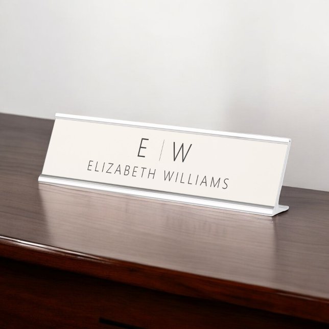 Neutral Elegant Modern Minimalist Monogram Name Desk Name Plate (Creator Uploaded)